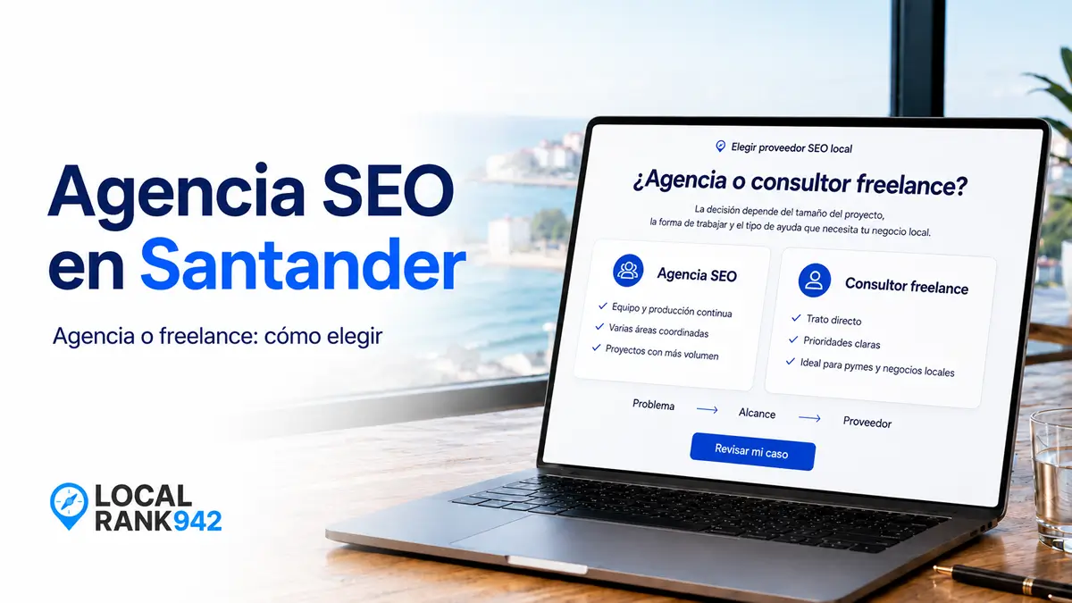 Port&aacute;til con comparativa entre agencia SEO y consultor freelance para elegir proveedor SEO en Santander
