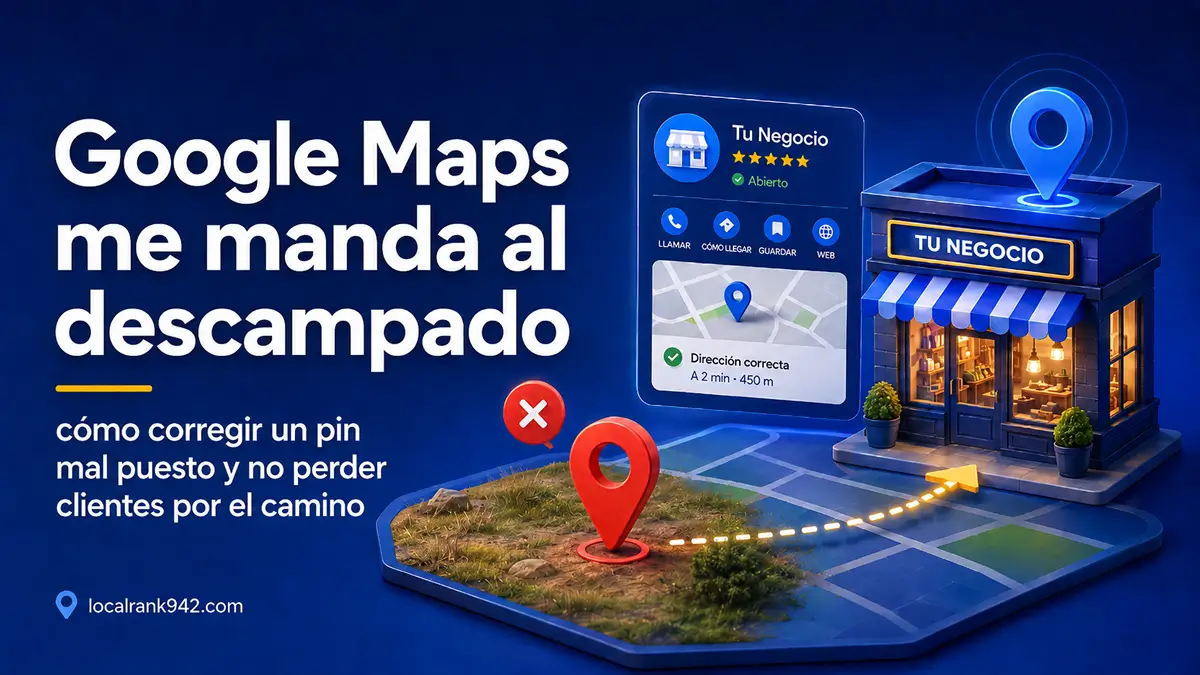 Ilustraci&oacute;n de estilo flat con un mapa, un pin de Google colocado en un descampado y otro correctamente ubicado en un restaurante, sobre fondo azul degradado.
