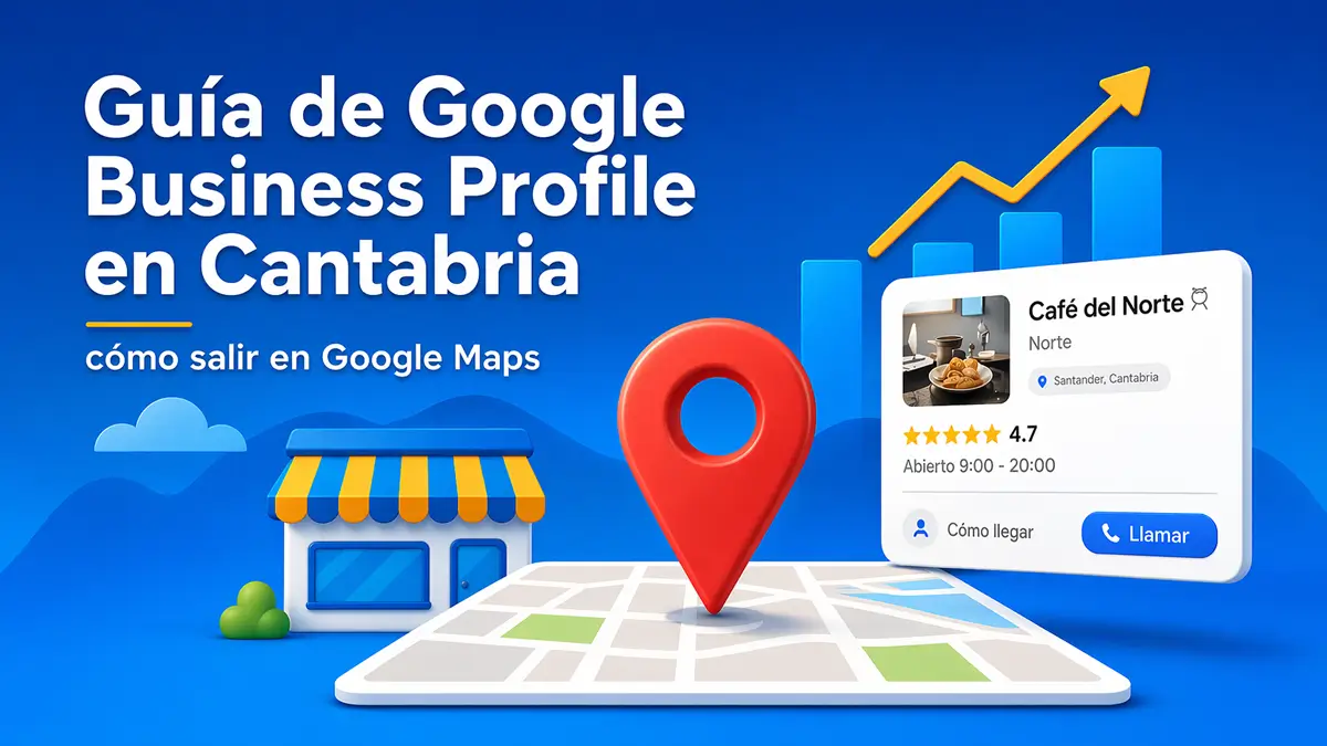 Gu&iacute;a de Google Business Profile en Cantabria: mapa con pin, ficha de negocio con rese&ntilde;as y gr&aacute;fico ascendente.