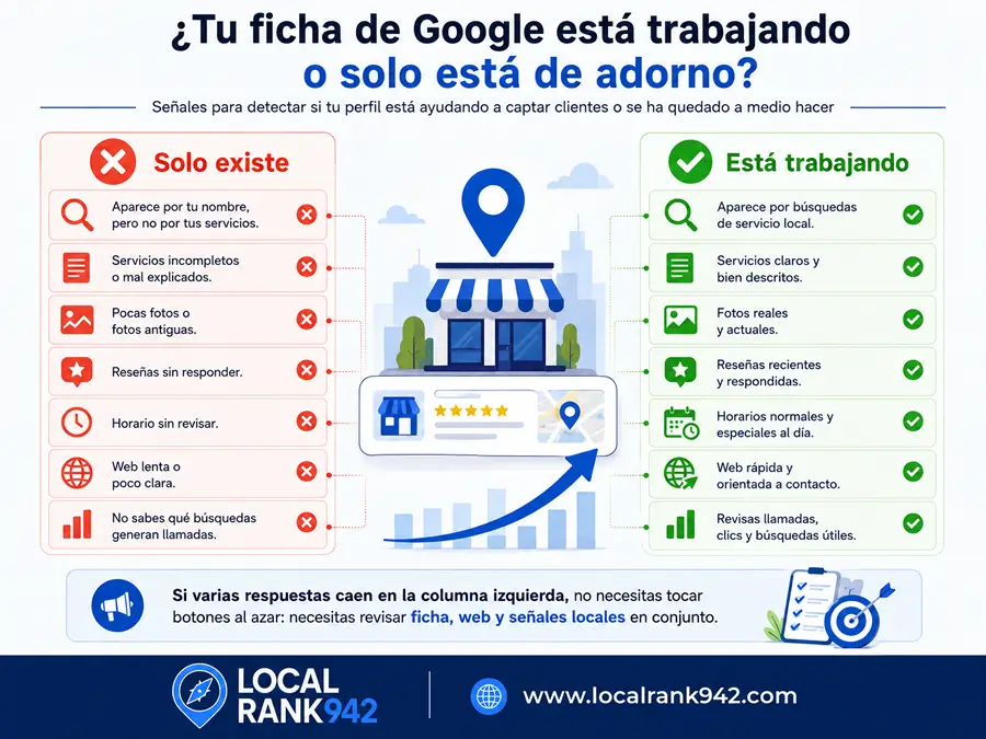 Comparativa entre una ficha de Google abandonada y una ficha optimizada para SEO local, con ejemplos de servicios, reseñas, fotos, horarios, web y métricas.