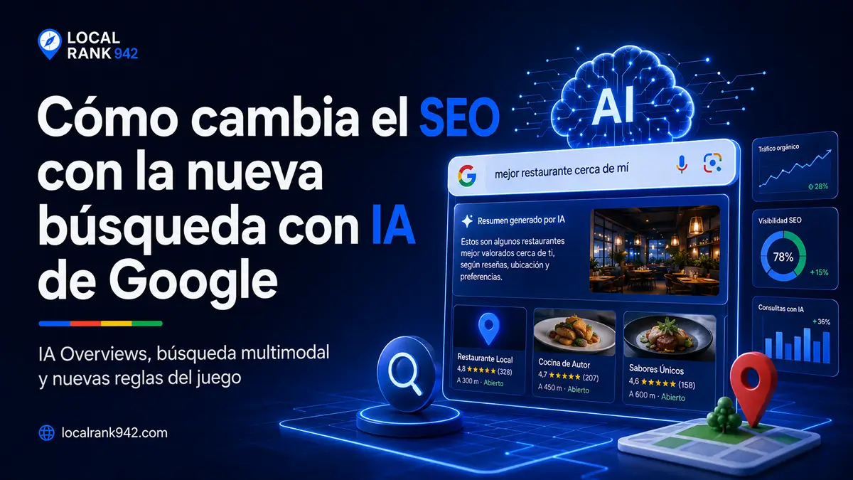 Portada ilustrada del art&iacute;culo sobre nuevas funciones de b&uacute;squeda con IA en Google, con fondo azul oscuro, icono de lupa y texto destacado en espa&ntilde;ol